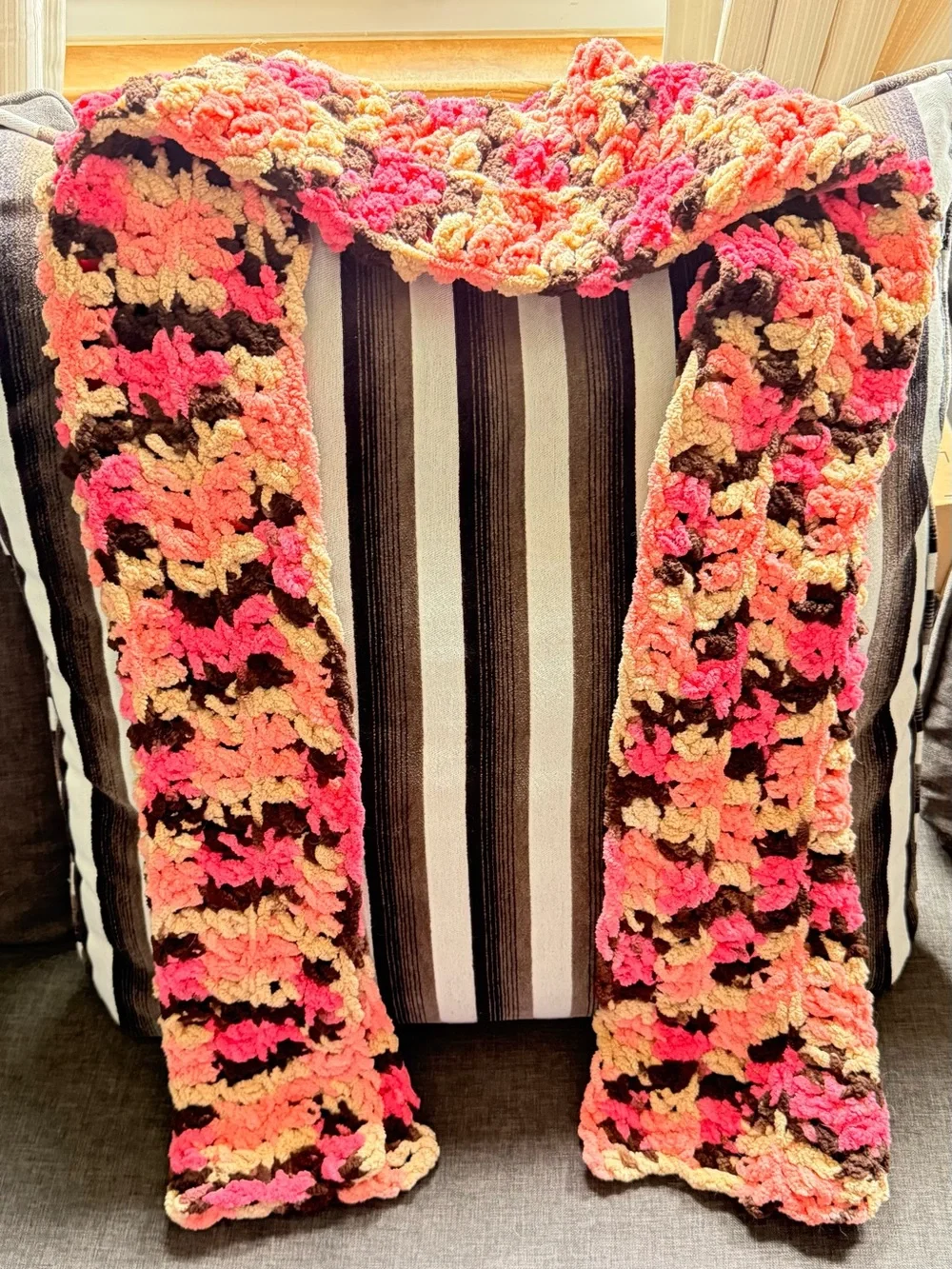 Handmade Multicolor Crochet Scarf - Pink, Peach & Brown New Super Soft Chic